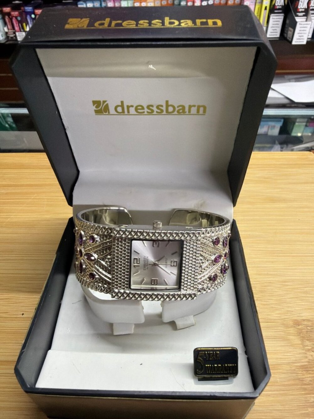 Embassy by Gruen Silver Cuff Watch Purple Stones New in Box